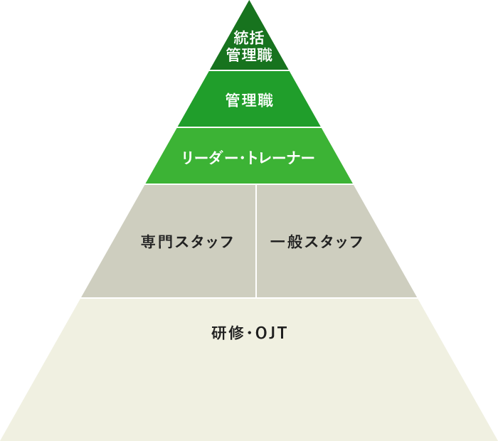 上から統率管理職、管理職、リーダー・トレーナー、専門スタッフ・一般スタッフ、研修・OJTを表すスキルアップフローの図